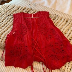 Free People Top. Red Sleeveless Embroidered Vest